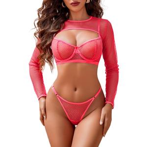 Avidlove Sexy Lingerie Set Rave Outfits For Women Fishnet Long Sleeve Crop Top Sheer Bra and Panty 3 Piece (Small, Neon Pink)