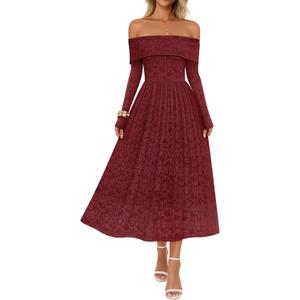 MEROKEETY Women's 2025 Fall Long Sleeve Floral Midi Dress Off Shoulder Wedding Guest Formal Long Flowy Dresses (Red)