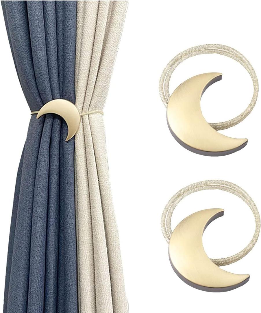 Magnetic Curtain Tiebacks Metal 1 Pair Metal Moon Curtain Clips Rope Holdbacks Art Meniscus Gold Window Curtain Tie Backs Pair for Home Office Decorative Drapes