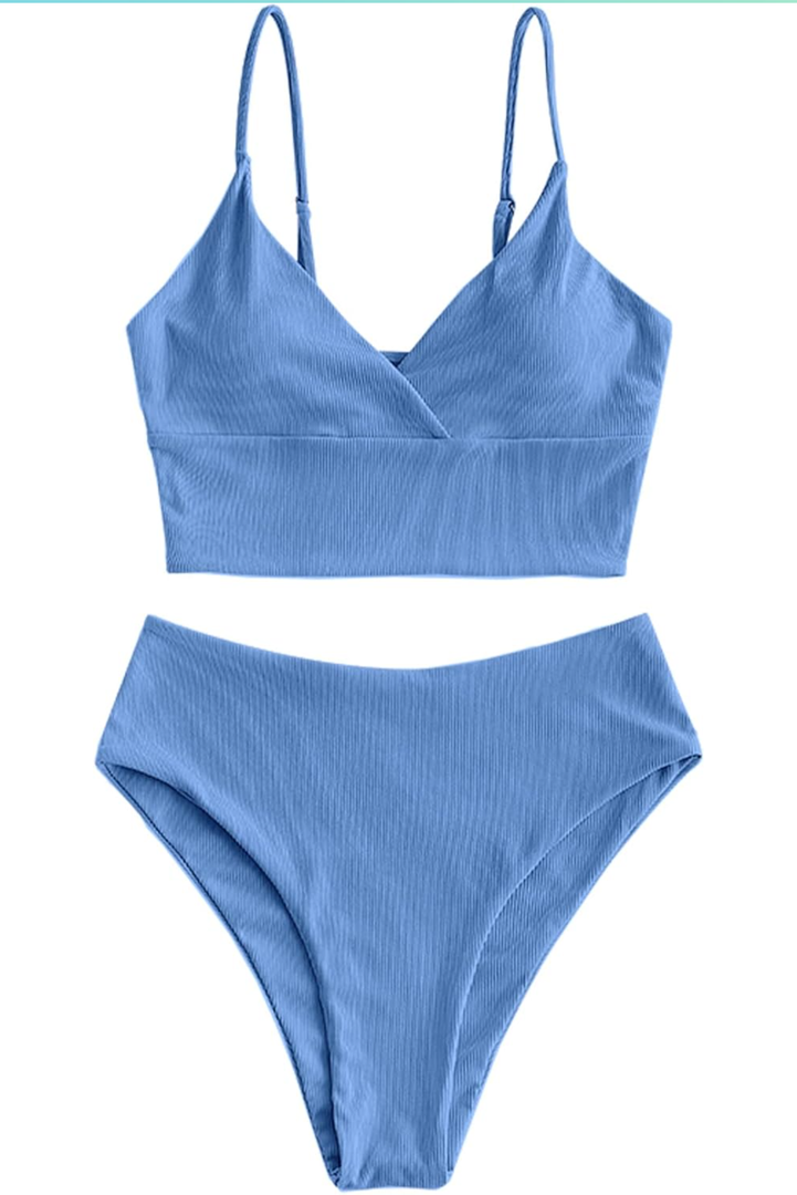 ZAFUL Women Tankini Set, Ribbed High Cut Surplice Swimsuit Bathing Suit with Spaghetti Straps, L