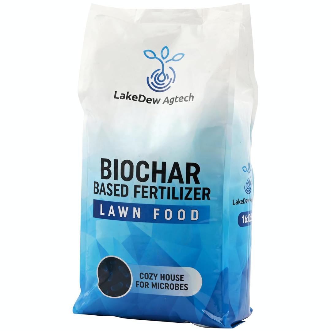 LakeDew Biochar Lawn Fertilizer 1608  Moisture Retention & Microbial Boost  Fix New Construction or Sandy Soils  EcoFriendly, Covers 2,5006,000sqft (9.8lb)