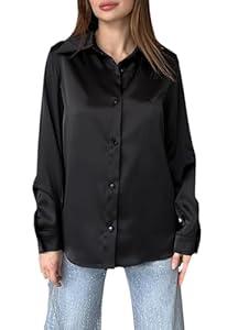 Women's Satin Button Down Shirts Casual Long Sleeve Work Shirt Dress Blouses Tops (Large, Black)