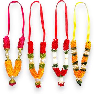 LOVENSPIRE Set of 4 Mini Idol Mala, Satin Ribbon & Plastic Bead, Diwali Hanging Ornament, Reusable Garland for Photo Frame God Shringar, 4.5 Inches