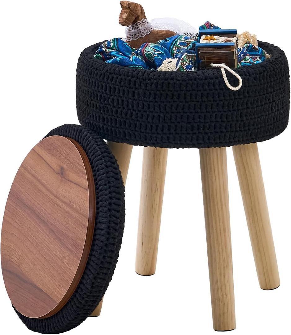 Wimarsbon Pouf Ottoman, 100% Cotton Knitted Boho Footstool, Round Footrest with Non-Skid Wood Legs, Home Dcor Handmade Pouffe, Leisure Floor Step Stool for Living Room (High Storage Black)