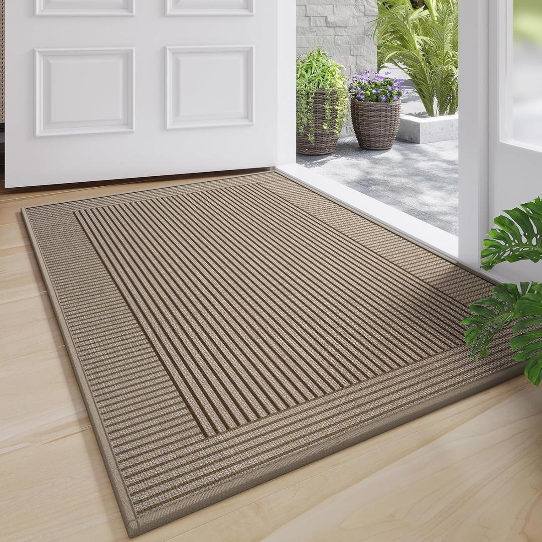Door Mat 24"x35", Thin Dirt Trapper Entryway Front Doormat, Brown | Non Slip Washable Entry Mat, Low-Profile, Dirt Resistant and Absorbent Welcome Mat for Inside Front Backdoor and Entrance