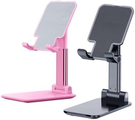 OGMAPLE 2 Pcs MT-6 Cell Phone Holder, Adjustable Angle and Height, Anti-Slip Silicone Pad, Foldable and Portable, Compatible with 4-8 Inch Devices(Black+Pink)