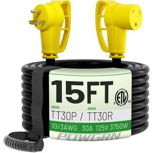 POWGRN 30 Amp RV Extension Cord 15 FT Outdoor with Grip Handle, Flexible Heavy Duty 10/3 Gauge STW 3 Prong RV Power Cord with Cable Organizer, NEMA TT-30P to TT-30R, Black-Yellow, ETL Listed
