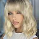 WIGER Short Ombre Ash Blonde Wave Hair with Bangs Synthetic Bob Curly Wigs Dirty Blonde Wavy Wig for White Women Daily or Cosplay Use Music Festival/Carnival/Valentine's Day Wig
