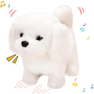 Hopearl Walking Dog Bichon Interactive Electronic Pet Plush Toy Puppy Woof and Moving Animated Nodding Head Gifts for Toddlers Birthday, White, 7''