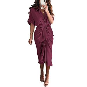 BTFBM Women Button Down Ruched Shirt Dresses Satin Short Sleeve Lapel V Neck Summer Maxi Dress 2025 Party Wedding Guest(orange, Size 3XL)