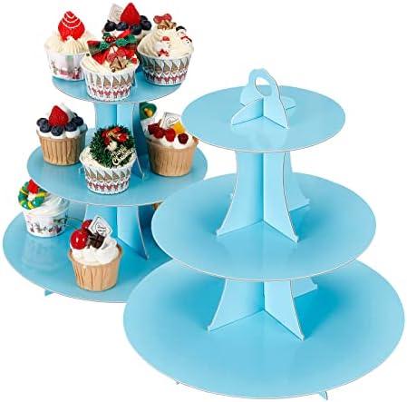 YLDW 2Pcs 3-Tier Cupcake Stand, Cake Stand holder, Tiered DIY Cupcake Stand Tower for Dessert Table Displays, Birthday Theme Party Favors Decoration, Floral Tea Party, 12" W x 12.8" H, Light Blue