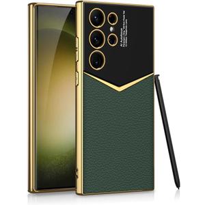 Leather Case for Samsung Galaxy S23 Ultra with Electroplated Frame, Vintage Luxury PU Non-Slip Grip Shockproof Full Body Protective Cover Phone Cases for Samsung Galaxy S23 Ultra 5G (Green)