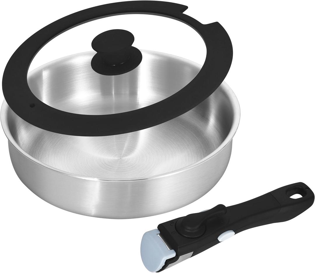 Inqibee Tri-Ply Stainless Steel Cookware Set with Removable Handle, Detachable Handle 10 Inch Deep Frying Pan, 3 QT Saut Pan with Lid, Induction Kitchen Cooking, Dishwasher and Oven Safe