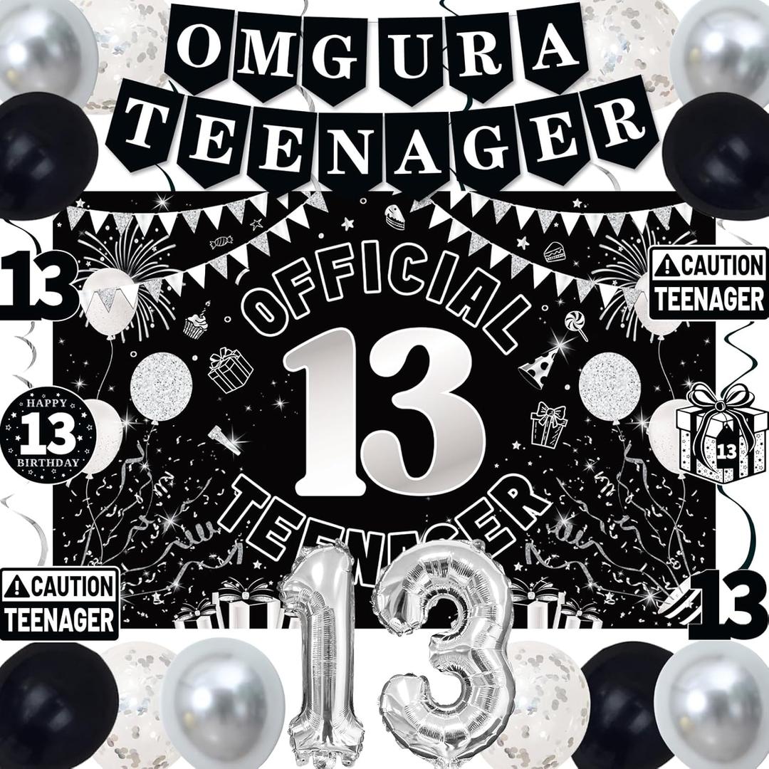 13th Birthday Decorations for Boys Girls, Black White Omg Ur A Teenager Birthday Party Decorations, Official 13 Teenager Backdrop, Foil Balloons 13, Banner, Balloons, Hanging Swirl, Birthday Card Set