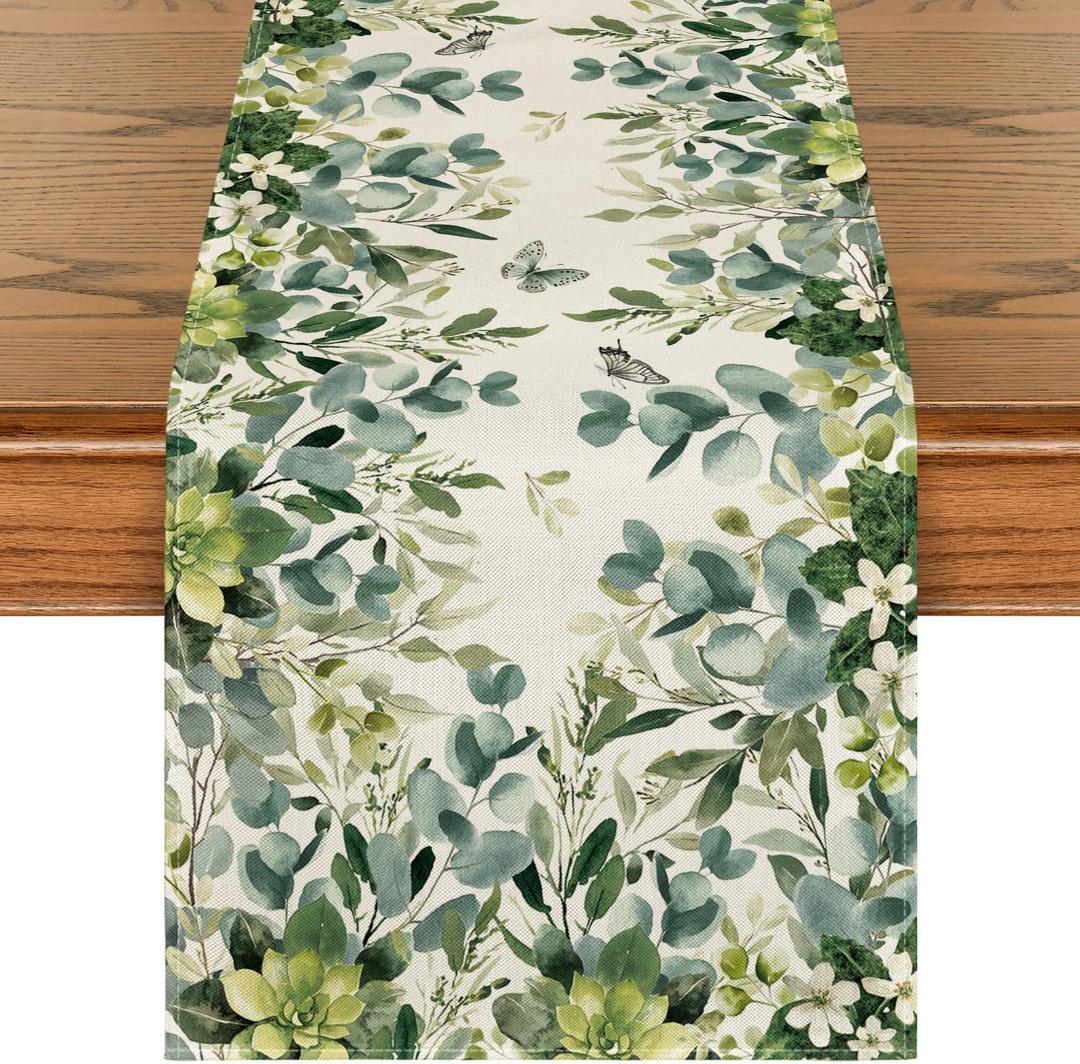 Artoid Mode Green Flowers Floral Eucalyptus Summer Table Runner, Seasonal Spring Kitchen Dining Table Decoration for Home Party Decor 13x90 Inch