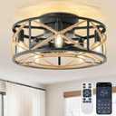 Farmhouse Caged Ceiling Fan with Light, 18 Inch Rattan Low Profile Flush Mount Ceiling Fans with Light, 6 Speed, Timing, Reversible DC Motor, Boho Small Ceiling Fan Light for Bedroom, Kitchen, Indoor