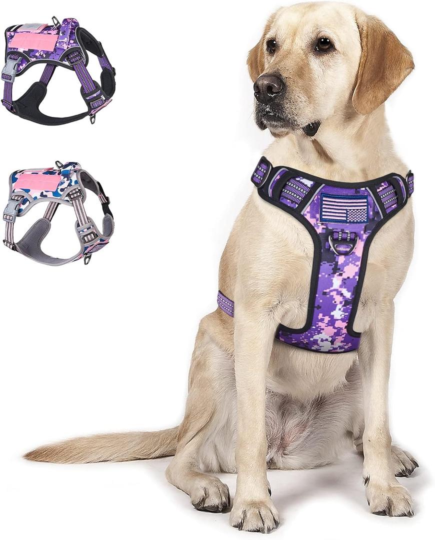 BUMBIN Tactical Dog Harness for Large Dogs No Pull, Famous TIK Tok No Pull Dog Harness, Fit Smart Reflective Pet Walking Harness for Training, Adjustable Dog Vest Harness with Handle Purple Camo L (L(Neck:19-25", Chest:21-35"))