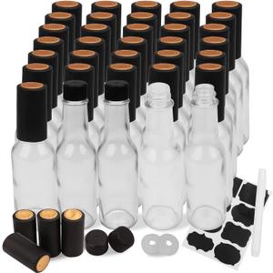 Encheng 5oz Clear Woozy Bottles with Shrink Capsules,Small Wine Bottle With Shirnk Bands Glass Hot Sauce Bottles,Empty Small Beverage/Canning Bottls With Black Caps Case of 35