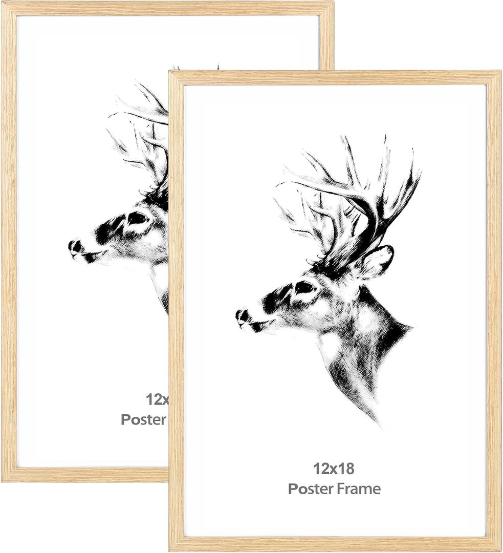 Yaetm Wood 12x18 Picture Frame Set of 2, Natural Solid Oak Wood 12x18 Poster Frame for Wall Gallery, Horizontal and Vertical Wall Mounting (2 pack, Oak)