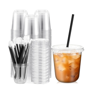 100 Set 12 oz Clear Plastic Cups with Lids and Straws, Disposable Iced Coffee PET Cups for Drinking Cold Beverage Juice Parfait Smoothie Milkshake Coffee Shops Party Supplies