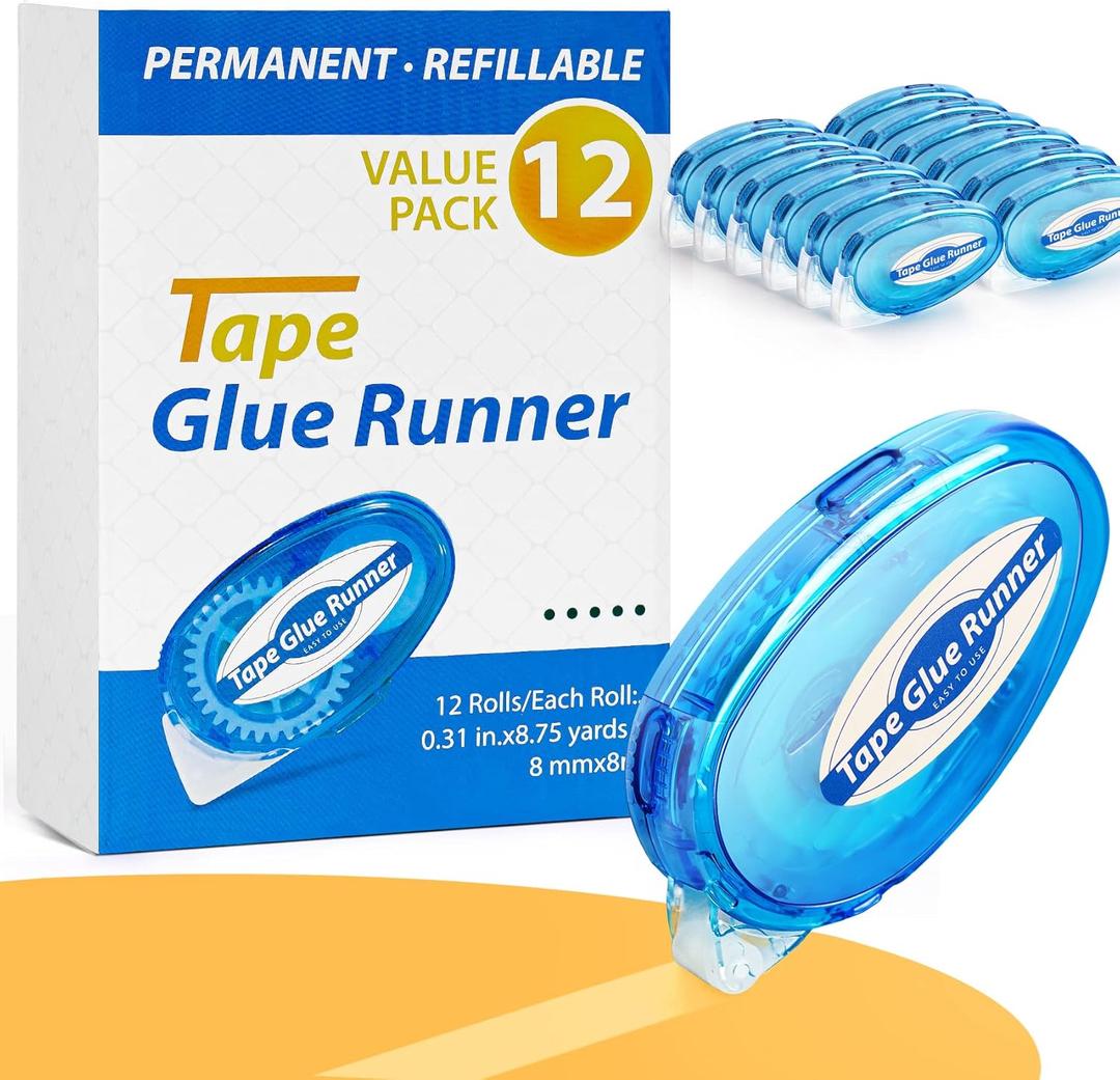 12 Pack Double Sided Tape Roller, 8 Mm x 315 Inch Permanent Adhesive Scrapbook Tape Dispenser Runner, Glue Tape Roller for Scrapbooking, Crafts and Arts Projects, Photo-Safe, Smooth & Clean