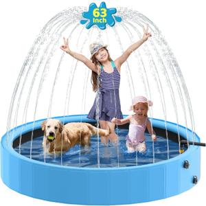 Raxurt Dog Pool with Sprinkler, 63'' Foldable Dog Pools for Large Dogs, 2-in-1 PVC Non Slip Pet Bathing Tub for Outdoor Backyard, Blue