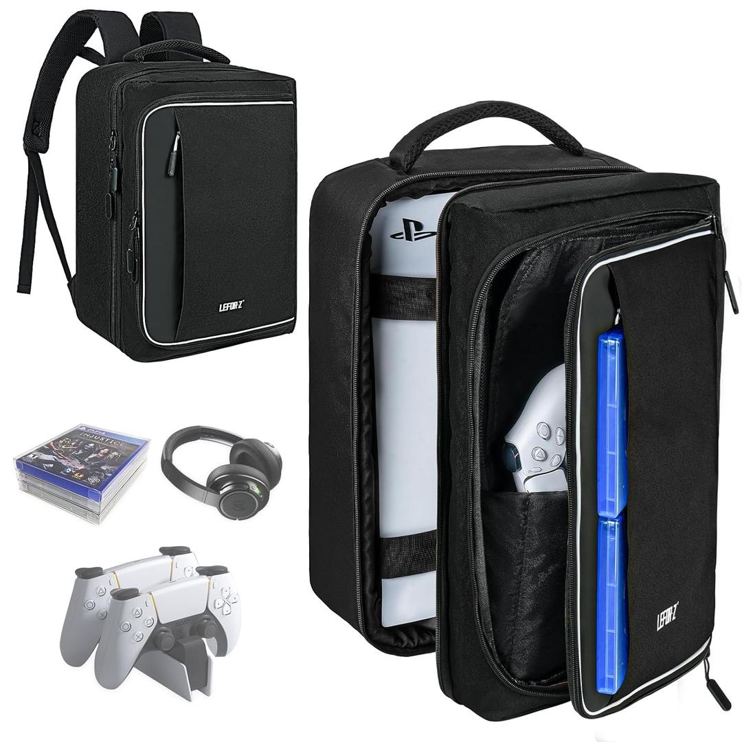 Travel Console Backpack Compatible with PS5/PS5 Pro,Protective Carrying Case Storage Bag Compatible with PlayStation5 Console,Controllers,Monitor,15.6Laptop,Headset,Game discs,Charger &Accessories (Black)