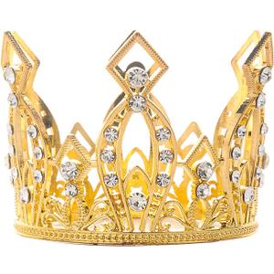 Mini Crown Cake Topper Princess and Prince Crystal Headpiece Tiara Rhinestone Crown Cake Decoration for Wedding Birthday Baby Shower Party Favors (Golden)