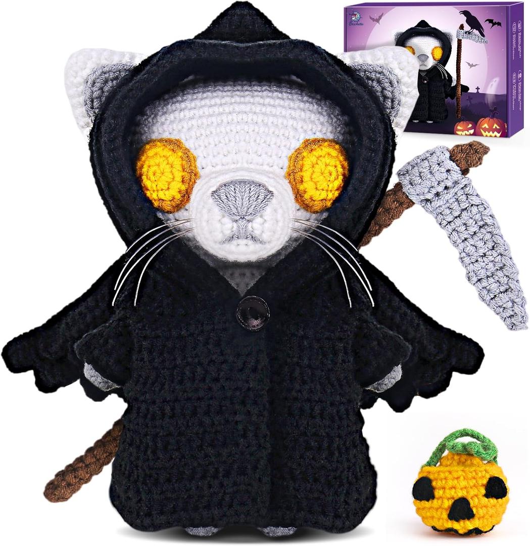 2 x Crochet Kit for Beginners, Crochet Starter Kit with Step-by-Step Video Tutorials, Crochet Animal Kits for Adults, DIY Craft Supplies,Death Cat(40%+ Yarn)