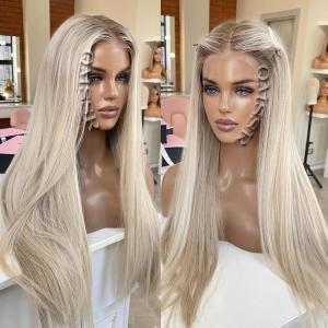 Ash Blonde Synthetic Lace Front Wigs Long Straight Heat Resistant Fiber Hair Ombre Platinum Blonde Lace Front Wigs for Fashion Women
