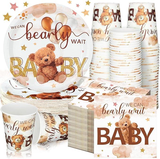 Hushee 200 Pcs Brown Bear Baby Shower Paper Plates Napkins Cups Baby Shower Party Supplies Tableware Set Brown Bear Disposable Cup Napkin for 50 Guest Spring Party Decoration
