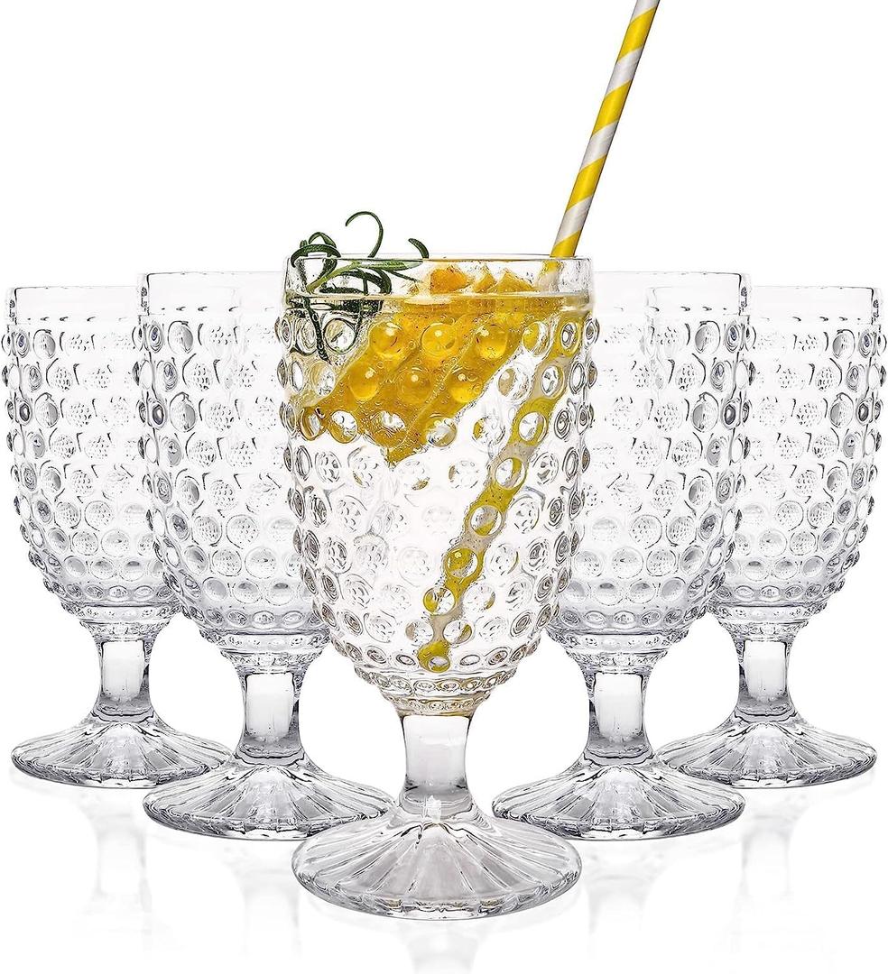 Hobnail Drinking Glasses Goblet Water set of 6, 13 oz Iced Tea Glasses Ideal for Soda Wine Milk Coke Juice and Beer Perfect for Weddings Parties Bars (Crystal Clear)