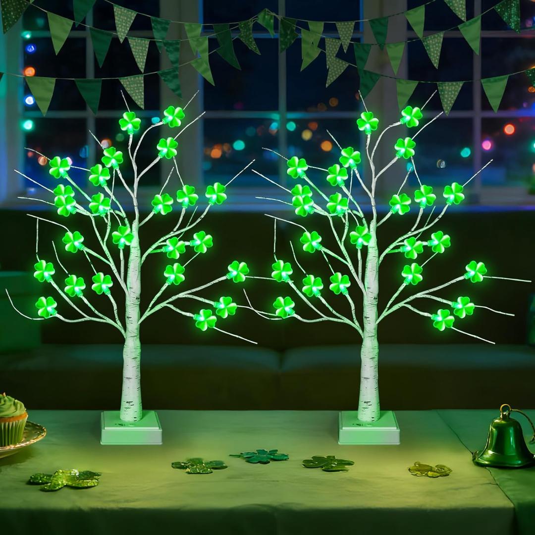 2Pack Timer St. Patrick's Day Tree Decorations, 18Inch 24 LED Tabletop St. Patrick's Day Tree Lights with 3D Shamrock, USB & Battery Operated St Patricks Day Decoration Indoor Home Party
