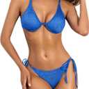 ZAFUL Women's Metallic Shiny Bikini Sets Underwire Criss Cross Back Two Piece Swimsuit Side Tie Thong Bathing Suit (Medium, Blue)