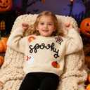 Halloween Toddler Girl Sweater Spooky Hand Embroidered Sweater Fall Ghost Pumpkin Outfit 1-5Y (4-5T, Beige)
