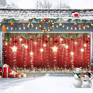 Maijoeyy 16x7ft Red Christmas Sparkling Stars Garage Door Decorations Glittering Stars New Year Christmas Party Garage Door Cover Wall Decorations for Outdoor