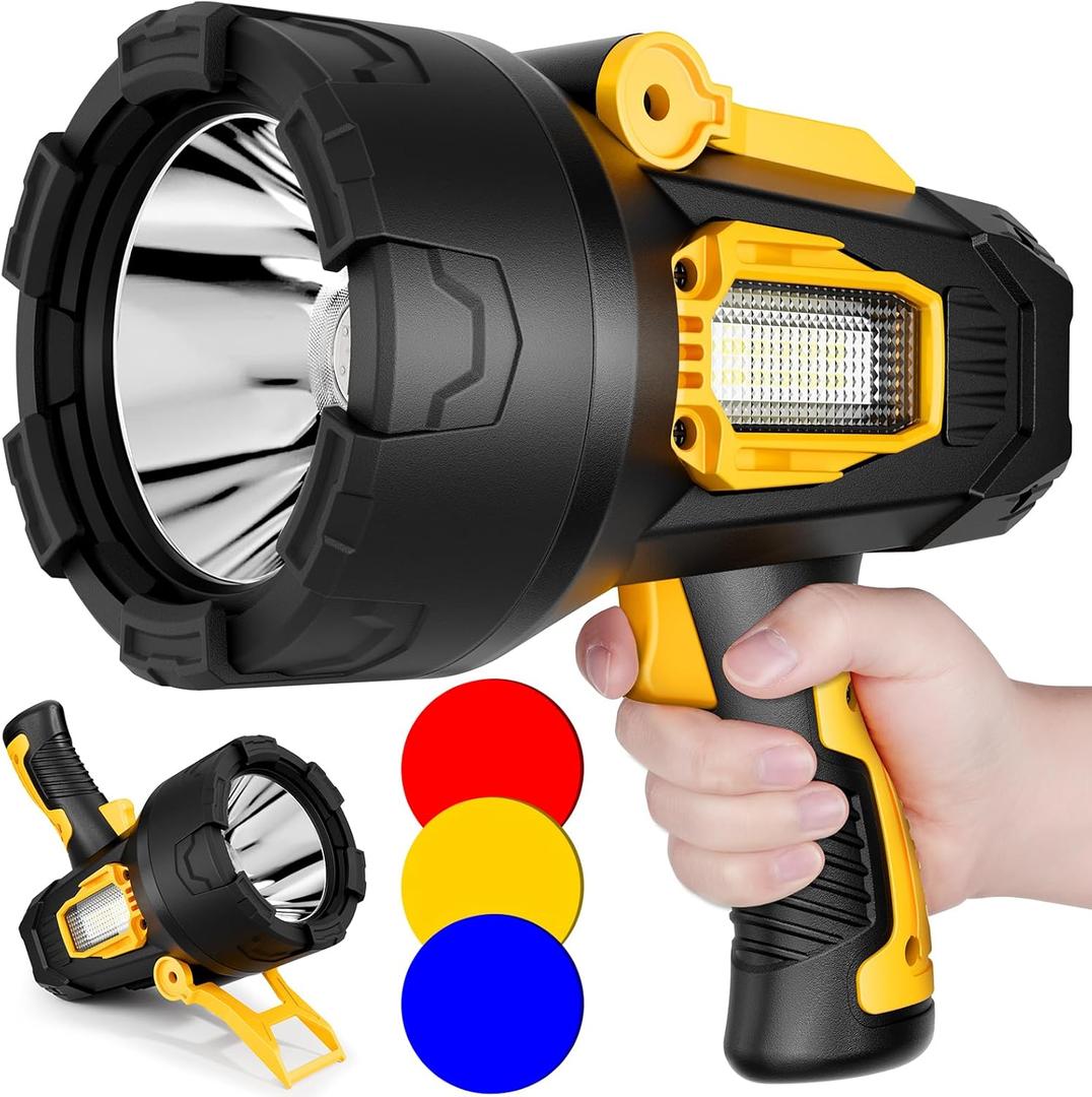 Rechargeable Spotlight, 2000000 Lumens Super Bright Led Spotlights Flashlight with Cob Light & Foldable Tripod, 10000Ah Spot Lights Long Runtime, Handheld Spotlight for Hunting Boating Outdoor