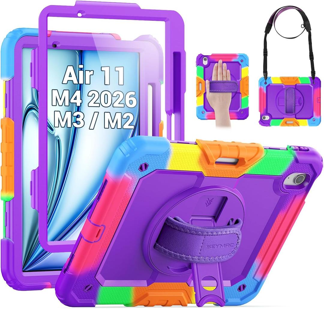 SEYMAC Kids Case for iPad Air 11 Inch M4 / M3 / M2 (2026/2025 / 2024), Heavy Duty Shockproof Protective Case with Screen Protector, Rotating Stand and Hand/Shoulder Strap, Colorful Purple
