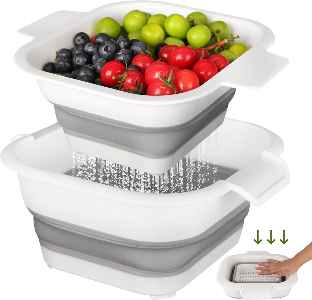 Collapsible Colander Set with Strainer Bowl, 2 in 1 Fruit Washing Basket with Strainer, 5 + 3 QT Plastic Colander for Kitchen, Foldable Double Layered Colanders Bowl for Berry, Vegetable, Grey & White