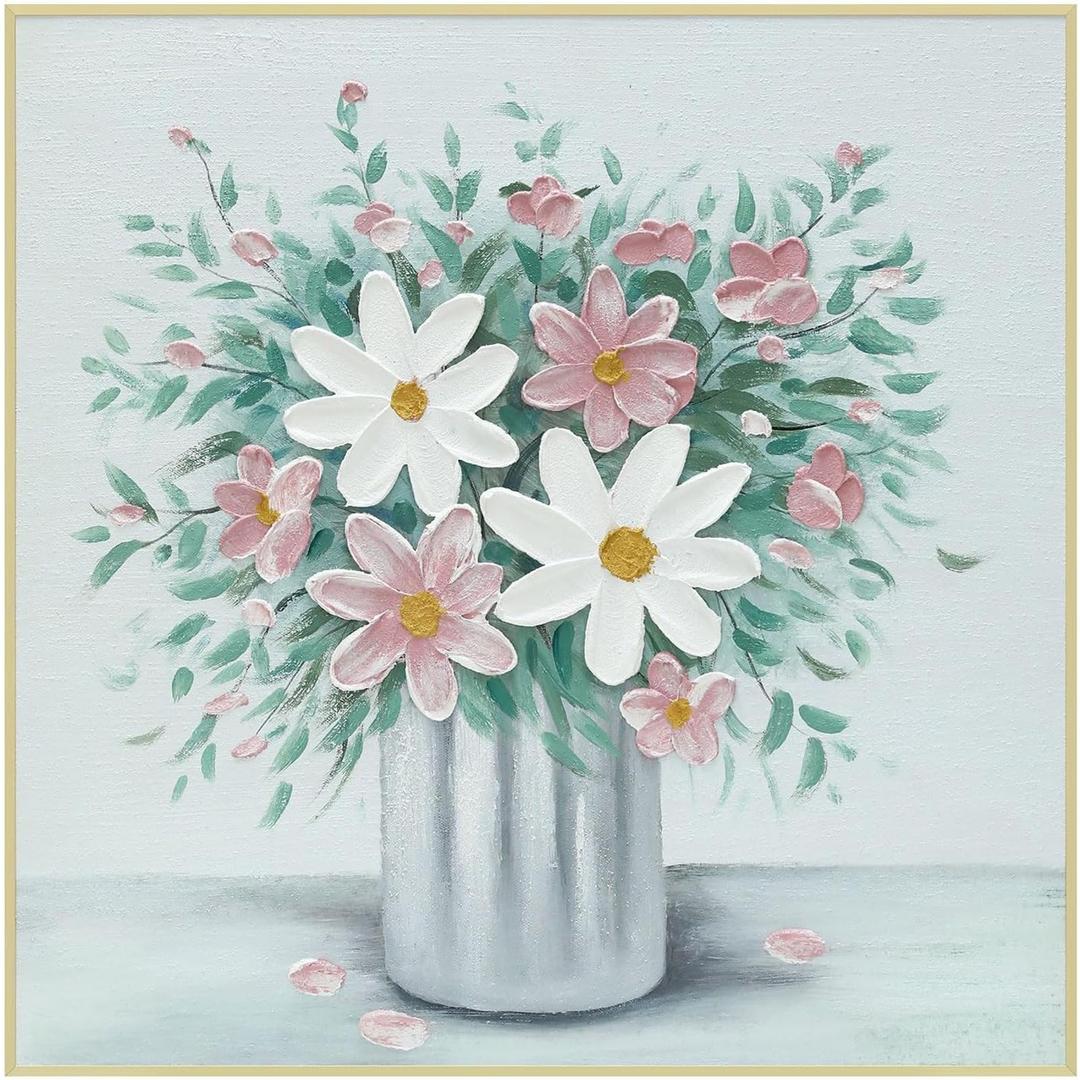 Silver DIY Metal Canvas Frame Bundles with Hand-painted Plant Flower Oil Painting for Living Room Bedroom Home Wall Decor  24x24'