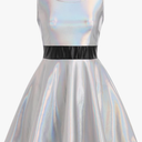 Women's Shiny Metallic Dress Sexy Sleeveless Skater Mini Dress Holographic Party Rave Dance Clubwear Halloween Costume XL