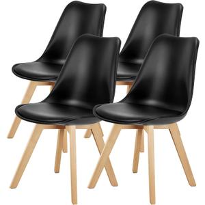 OLIXIS Modern Dining Chairs Set of 4, Plastic Kitchen Chairs with Wood Legs, Lightweight Side Chair, Wood Legs, Backrest, Pu Leather, Armless, Living Room, Bedroom, Apartment, Black