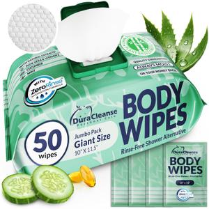 Body Wipes for Women, Extra Moist No Rinse Bathing Wipes - 50 XL Shower Cloths + 4 Travel Bath Sheets -10"x11.5" After Gym & Post Workout Deodorant, Disposable Washcloths, Womens Hygiene Essentials