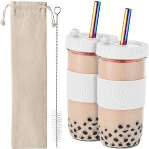 Amyoole 2 Pack Reusable Boba Cup,24Oz Wide Mouth Smoothie Cup,mason Jar Glass Cups with Lids and Straws,Bubble/Boba Tea Cups,Ice Coffee Tumbler 2 Colored Straws 1 Sponge Brush(White)