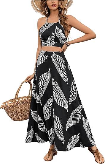 Women's 2 Piece Outfits Tropical Print Beach Outfits Tie Cami Crop Top Only, M