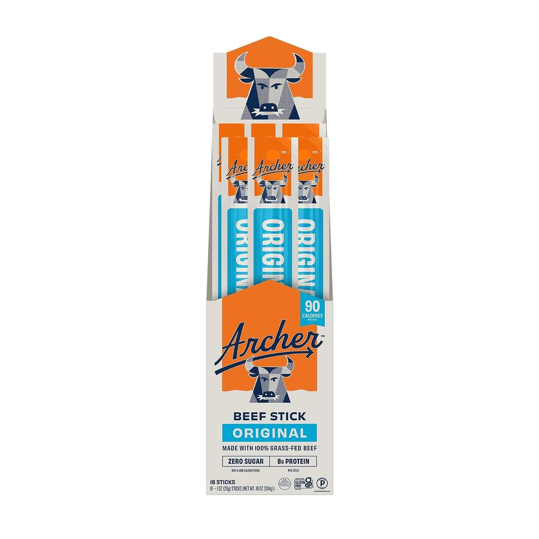 Archer Jerky Beef Jerky Sticks - Grass Fed Beef Snack, Individually Wrapped for Adults & Kids, Bulk Snack Packs, Gluten Free, Paleo, Keto - 1 oz Meat Sticks (Pack of 18)