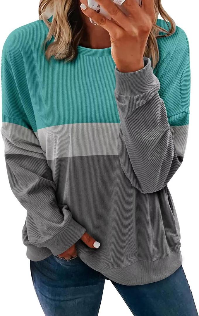 KISSMODA Womens Casual Long Sleeve Sweatshirts Color Block/Solid Tops Corduroy Crewneck Tunic Pullover with Pockets (Gray)