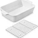 MALACASA 4.4 QT Baking Dish with Rack, 9x13 Large Casserole Dish for Oven, Ceramic Baking Pan with Rack, Rectangular Lasagna Pan Deep with Handles for Baking, Durable Microwave Oven Safe, White
