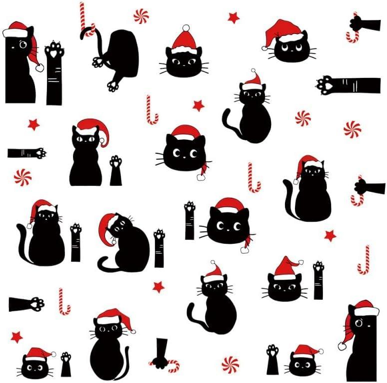 Christmas Black Cat Wall Decals Candy Cane Santa's Hat Cat Wall Stickers Window Clings for Christmas Home Decor