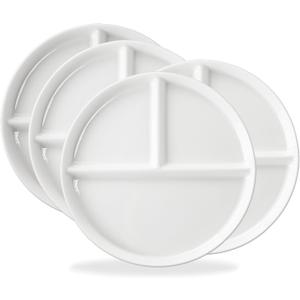 10" Ceramic Divided Plates Set of 4Pcs, Portion Control Plate, Reusable Bariatric Plate for Kids Adults, 3 Compartment Plates, White Dinner Plates for Balanced Meal, Microwave, Dishwasher Safe
